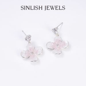 SINLISH Pink Gradient Crystal Petal Earrings with Zircon Korean Trendy Jewelry for Women