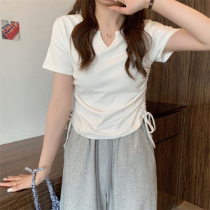 V-Neck Short Sleeve Ribbed Drawstring Crop Top (M/L/XL)