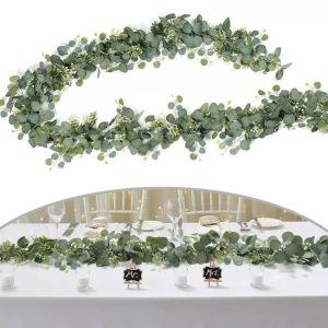 GOLDVAULT Realistic Fake Eucalyptus Vine Wall Hanging Greenery Garland Simulation Plant  White Flowers Eucalyptus Leaves Wedding
