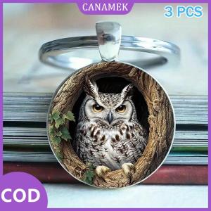 CANAMEK✨ 3pcs Owl Keychain Charm Cú Retro mô hình thủy tinh lồi vòng chìa khóa sáng tạo của nam giới và phụ nữ Xe Túi Mặt dây chuyền trang sức