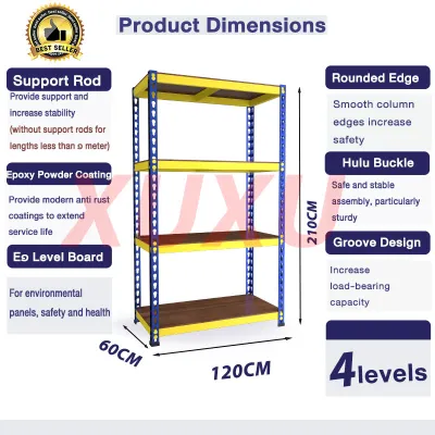 XUXU Boltless Rack Rak 4/5 Tier Besi Bertingkat Heavy Metal Frame Rak Besi Rak Buku Warehouse Store Office Storage Shelves Blue Yellow Rak Dapur 货架置物架