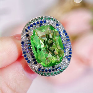 SEQUITO European Style Lady Jewelry White Gold Color Pave Setting Green Stone Zirconia Adjustable Oval Ring Classy Party Clothing Accessories SR144
