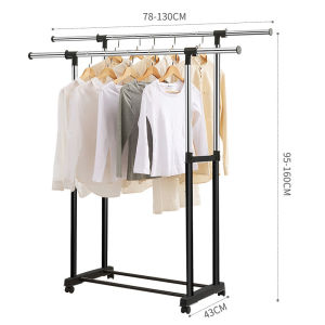 ODOROKU Heavy Duty Double Rods Adjustable Length Clothes Rack with Wheels Thicken Steel Garment Drying Hanger Metal Clothes Hanging Rack Drying Stand Laundry Rack