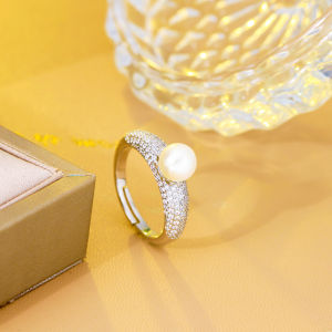 SEQUITO Precious Women White Gold Color Finger Jewelry Full Micro Inlay Round AAAAA Cubic Zirconia Stone Trendy Open Cuff Adjustable Engagement Pearl Ring SR106