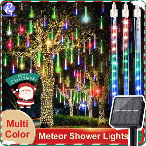 Ronye Life IP65 Solar LED Meteor Shower Rain Lights Holiday String Light Waterproof Garden 30cm 8 Tubes 144 Leds Christmas Wedding Decoration for Outdoor Tree Home New Year Party