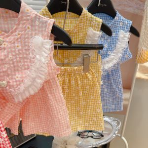 AILEBE Kids Sets Terno For Baby Girls Cotton Sleeveless Plaid Flower Print Lace Trim Top And Shorts Set Soft Breathable Sweat-Absorbent Turn Down Collar Casual OOTD Pambahay Pang Gala Summer Home Outdoor Party