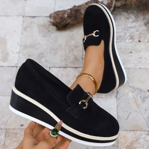 Free Shipping WomenS Slope Sole Shoes 2026 Spring And Autumn New Style Large Size Platform Thick Sole Round Toe Fashion Metal Toe Slip-On Shoes