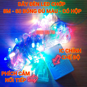 DÂY ĐÈN LED CHỚP TRANG TRÍ NOEL 8M - 60 BÓNG DÂY TRONG SUỐT CÓ HỘP