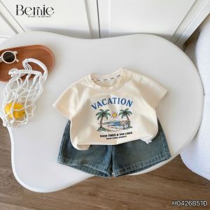 Set bộ bé trai áo tay ngắn họa tiết dừa be đi biển kèm quần short jean 9kg đến 25kg BERNIE H0426B51Đ