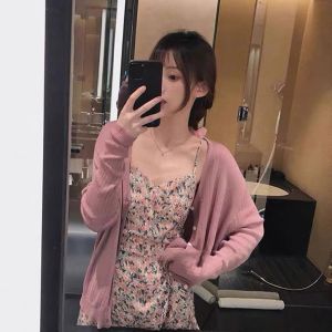 Short Skirt Retro Small Fresh Floral Suspender Dress Set for Women New Purple Sunscreen Jacket Cardigan Short Skirt