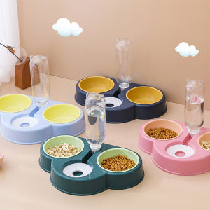 ชามอาหารสัตว์เลี้ยง ชามอาหารแมว ชามคู่ใส่อาหารและน้ำ พร้อมขวดน้ำ สำหรับชามให้อาหารสุนัข ชามกันมด ชามอาหารสุนัข ที่ให้อาหาร 3หลุม พร้อมขวดน้ำ