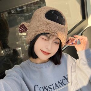 Mũ lông cừu nữ thời trang mũ bucket nón len hình mặt cừu ngộ nghĩnh dễ thương màu trơn trẻ trung năng động MULEN06