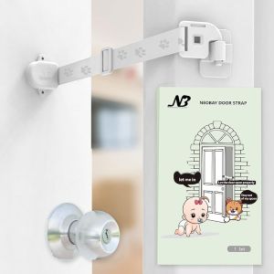 Child Proof Door Lock with Adjustable Door Strap and Latch. No Need for Interior Cat Door. Keep Toddler Out of Room with Litter While Let Cat in Easily.…