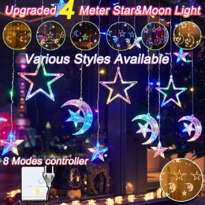 4M138Led Eid al Fitr String Lights Elk Bell Star 8 Modes Curtain Hanging Lights Holiday Wedding Diwali Decoration Lights