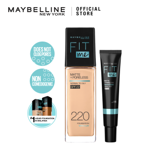 [BUNDLE] Maybelline Fit Me Matte + Poreless Liquid Foundation SPF 22 30ml (Shade 220) + Primer Bundle Set (16H oil control & suitable for oily skin)