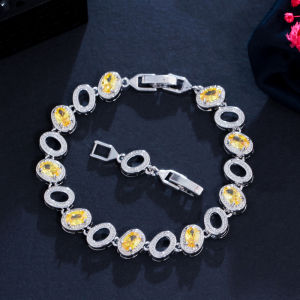 SEQUITO Miễn Phí Vận Chuyển Trang Sức Bạc Thời Trang Vòng Tay Tennis Có Thể Điều Chỉnh Charm Hình Bầu Dục Pha Lê Màu Vàng Lấp Lánh Cho Nữ B130
