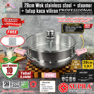 SUPRA NEW Wok 28cm professional series handle warna pastel Pink stainless SUS304 impact bottom / wajan kuali penggorengan stainless