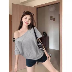 Off Shoulder Loose Short Sleeve T-Shirt for Women Korean Style One Shoulder Casual Top Basic Tee (Black/White/Gray)