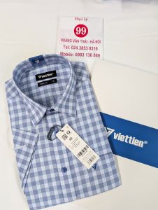 [Việt Tiến] Áo Sơ Mi Ngắn Tay - Regular (Suông) - Vạt Vuông - Kẻ ô màu xanh da trời sẫm