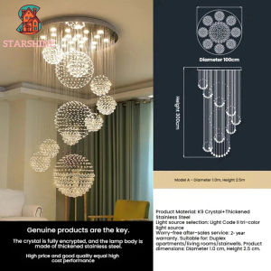 Spiral raindrop crystal chandelier light luxury long hanger hotel stairwell light three-color dimming remote control control