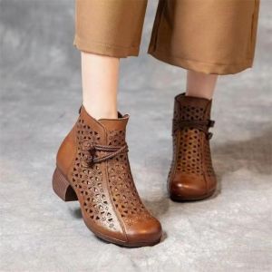 ZEEMIN Womens Spring Summer Leather Hollow Out Block Heel Ankle Boot Soft Sole Non Slip Breathable Round Toe Ethnic Style Cool Boots