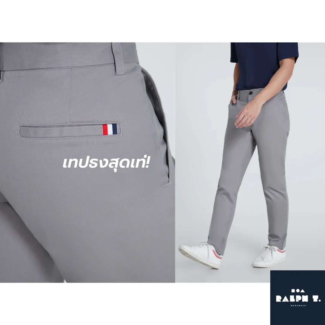 RALPH T OFFICIAL กางเกงขายาวผู้ชาย กางเกงชิโน่ ทรงกระบอกเล็ก ธง 3 สี SLIM FIT LONDON PANTS - สแล็ค สีดำ สีกรม สีกากี สีขาว สีเทาอ่อน