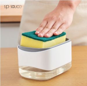 SP Kitchen Cleaning Set – Soap Press with Scouring Pad & Dishwashing Brush (All-in-One Tool)
