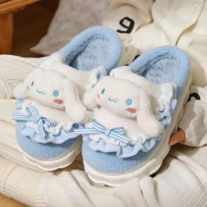 Cinnamoroll Soft Plush Slippers Kawaii Me Melody Kuromi KT Cat Warm Fur Slippers Children Winter