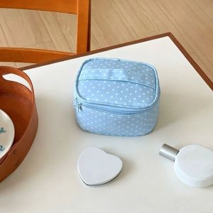 PHANT Light Blue Polka Dot Makeup Bag Checkered Polyester Travel Toiletry Storage Bag Organizer Zipper Cosmetic Pouch Daily Use