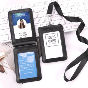 Durable Real Leather ID Badge Holder Access Control Card Holders with Neck Lanyard Women and Men Formal Staff Office Worker Supplies