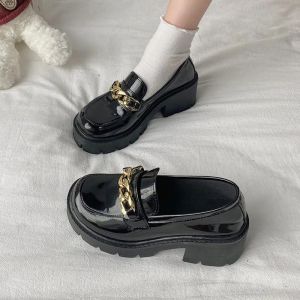 New Thick-Sole Loafers Shoes for Women Girls Black School Shoes for Students with Metal Chain Shoes