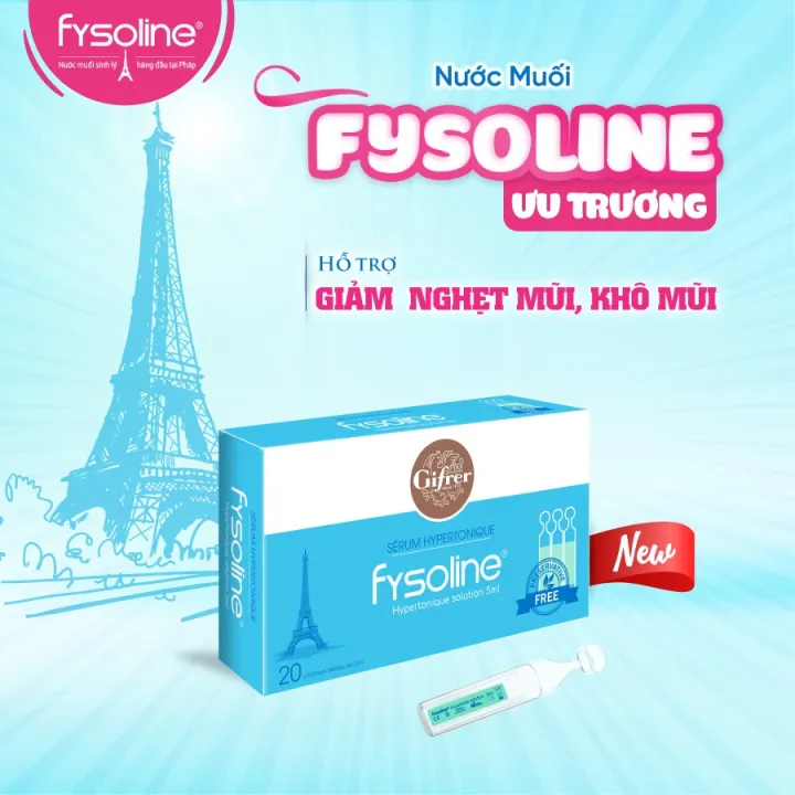 Nước muối ưu trương FYSOLINE kháng khuẩn, hỗ trợ viêm mũi, nghẹt mũi, dị ứng cho bé (Hộp xanh 20 ống x 5ml)