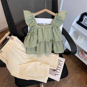 Bear Leader Baby Girls Casual Clothing Set 2024 New Summer Fly Sleeve Checked Slip Top+Solid Pants Two Piece Set