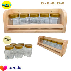 Tempat Bumbu Dapur Set 5 Pcs BONUS Sticker bumbu Wadah Bumbu Tempat Bumbu Kayu Jati
