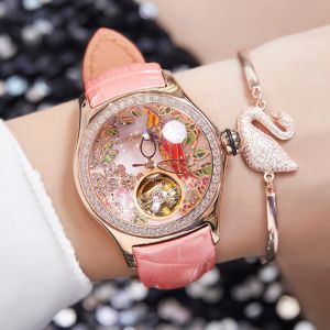 (OFFICIAL 3 Yrs WARRANTY) Reef Tiger/RT Blue Dial Fashion Watches for Women Leather Strap Waterproof Automatic Watches Diamond Tourbillon Watch RGA7105