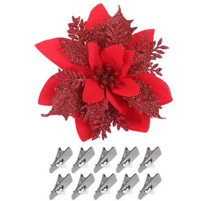 20Pcs Glitter Christmas Flowers with Clip 5.5 Inch Christmas Poinsettia Flowers Decorations Artificial Christmas Flowers for Christmas Tree Xmas New Year Wreath Wedding Holiday Decoration