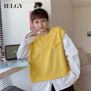 IELGY Korean version Fake two-piece Casual Top Round neck Loose Thin Niche Fashion Womens clothing
