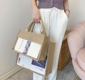 Large Capacity Tote Bag Womens Vintage Clear Cotton Linen Eco Shopping Bag Handbag Females Summer Beach Jute Clutch Bag