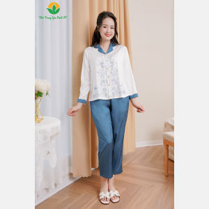 Bộ đồ mặc nhà Pijama lụa thời trang Việt Thắng quần dài áo tay dài kiểu dáng trẻ trung - B50.2308