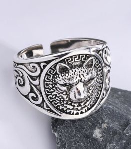 Cincin Pria Ukiran Kepala Rubah / Fox Head Carving Gaya Retro Vintage Model Terbuka