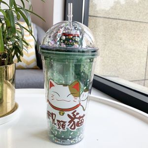 GP Lucky Cat Double Layer Ice Cup Prosperity Bottle with Straw 450ML [Collection Series]