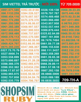 Sim đẹp Viettel đầu 09 Trả trước Sim Nghe Gọi 4g Nhắn tin Chưa Kích hoạt Sim mới 100% Chưa đăng ký tên ai Mặc định gói cước Tomato và có kèm hơn 100 gói cước hấp dẫn từ nhà mạng Viettel. - Shopsim Ruby
