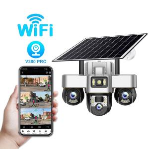 Low-power solar-powered camera monitor with three screens three pan-tilt units and three lenses integrated with 4G wireless low-power technology.
