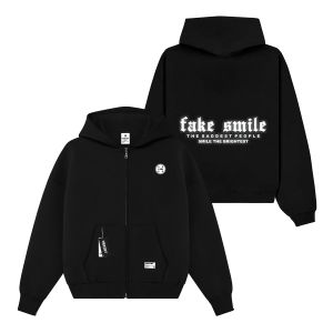 Hoodie Zipper Boxy Oversize Pria Warna Hitam Sablon Fake Smile Reflective Menyala Keren Terbaru Bahan Fleece Tebal Premium