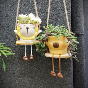 NCNC(OKDEALS01) Rustic Style Swing Hanging Basket Bohemian Resin Crafts Animal Planter Creative Wall Mounted Planter Stand Fairy Garden