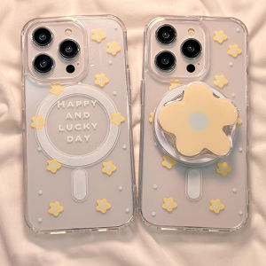 Korean Flower Magnetic Wireless Charge Phone Case with Magnetic Holder for iPhone 16 11 15 14 13 12 Pro Max 7Plus 8 Plus Clear Soft Silicone Case