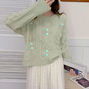 Áo len cổ tròn đính sequin cho nữ mùa thu đông mới rộng rãi ngọt ngào mềm mại nhẹ nhàng gió nhẹ áo len ngắn