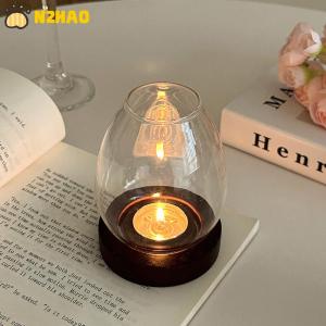【N2HAO】 Glass Candlesticks With Cup Cover Transparent Round Candle Holders Home Decor With Wood Base Table Decoration Ornaments Wedding