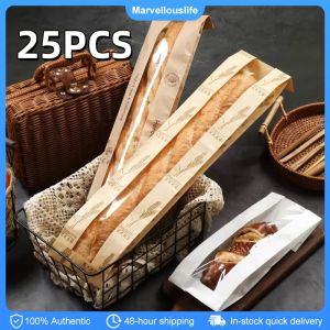 25pcs Long Baguette Bags French Baking Package Bag Laminating Kraft Paper with Clear Window Bags