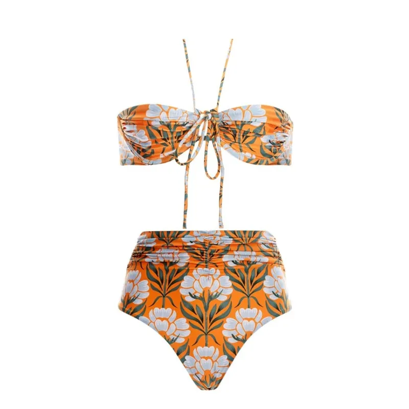 3pcs/set Halter Strap Bikini Bathing Suits Women Swimwear Pleated Ring  Swimsuit With Cover Up Orange Flower Print Lace-up Beachwear